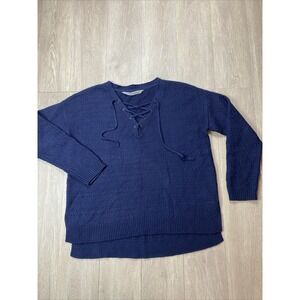 Athleta Sweater Women's Medium M Thin Knit Tie Up Crochet Navy Blue Super Cute!